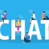 Chat concept. people using mobile gadgets such as pc and smartphone for texting messages each other via internet. big letters chat raster version