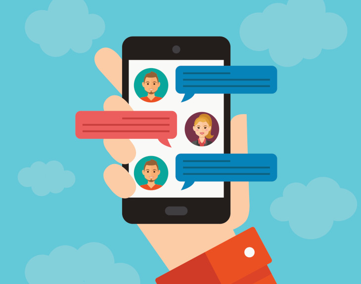 Hand holding a mobile phone with online chat conversation. Vector illustration of screen with messaging.