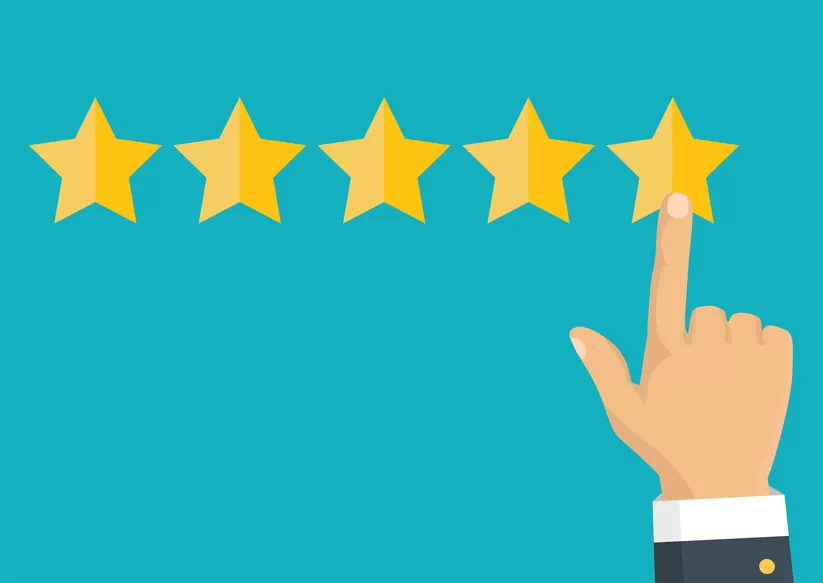 Customer review concept. Vector. Rating golden stars. Feedback, reputation and quality concept. Hand pointing, finger pointing to five star rating.