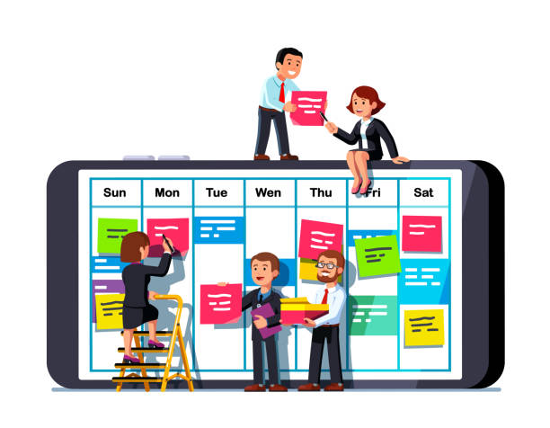 Business people team man and woman discussing tasks placing sticky notes on mobile phone screen calendar app week plan schedule table. Business team scheduling plan together. Flat vector teamwork illustration